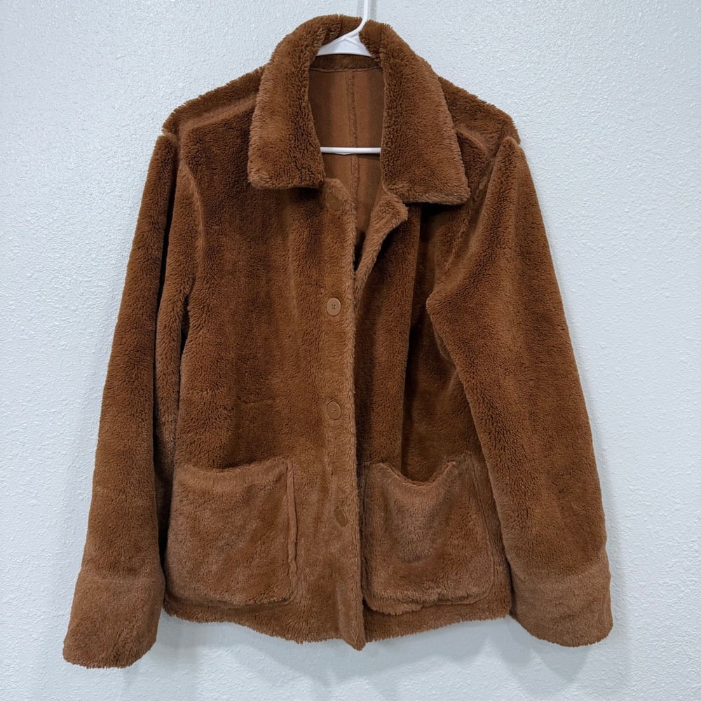 Brandon Thomas Reversible Faux Fur Suede Jacket Brown Teddy Coat Large 21X19